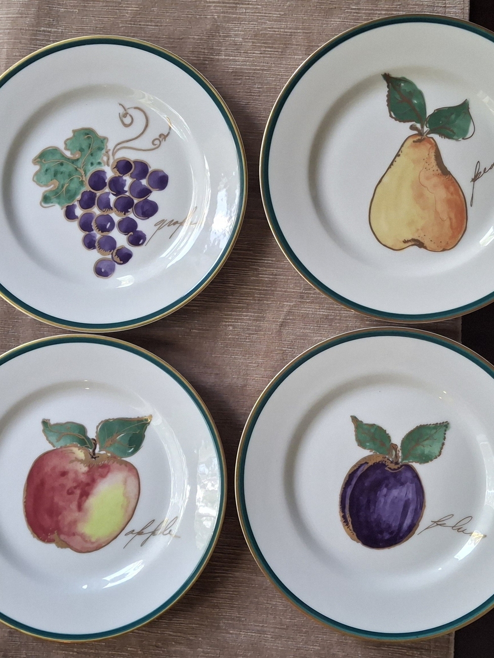 Crate&Barrel Fruit Motif Plates with Green and Gold Trim